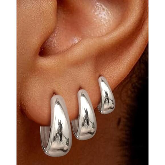 3 Pairs Chunky Huggie Hoop Earrings 14K White Gold Plated Hypoallergenic - Picture 1 of 6